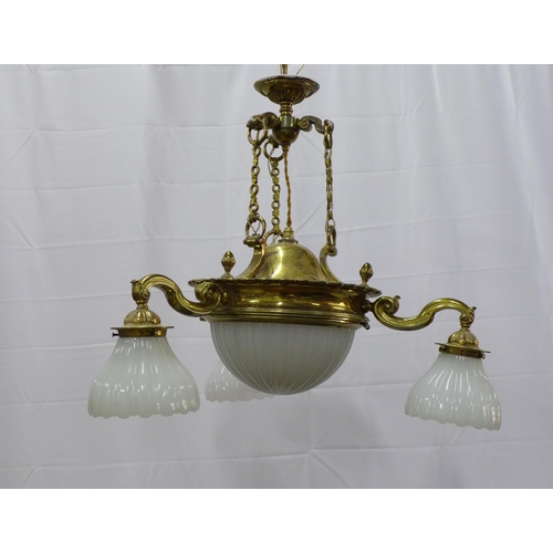 275 - Brass ceiling light with central opaque glass pendant and three branches with matching smaller glass... 