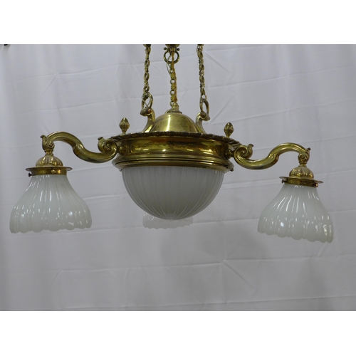 275 - Brass ceiling light with central opaque glass pendant and three branches with matching smaller glass... 