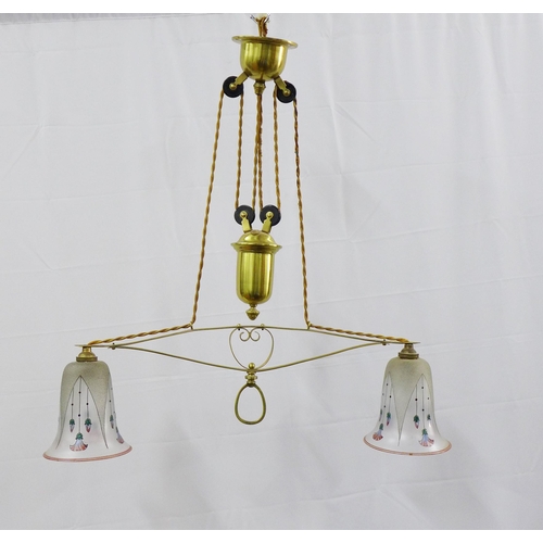 276 - Brass rise and fall light fitting with two painted glass shades, 61cm wide approx 64cm drop