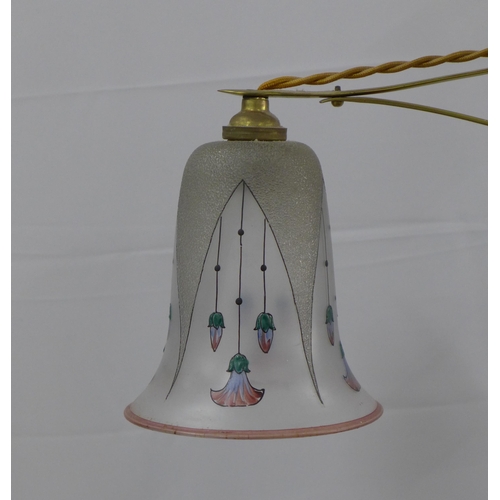 276 - Brass rise and fall light fitting with two painted glass shades, 61cm wide approx 64cm drop