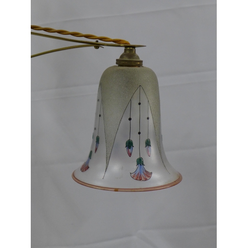 276 - Brass rise and fall light fitting with two painted glass shades, 61cm wide approx 64cm drop