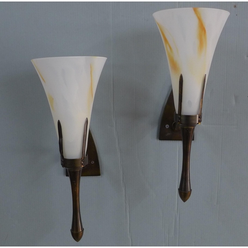 277 - Pair of Chelsom bronze patinated metal wall sconce lights with white and yellow glass shades, 45cm (... 