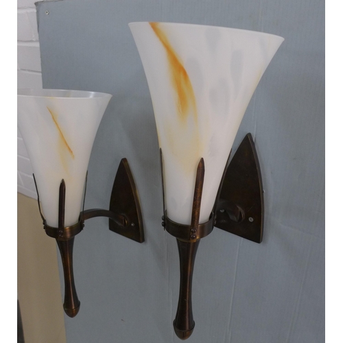 277 - Pair of Chelsom bronze patinated metal wall sconce lights with white and yellow glass shades, 45cm (... 