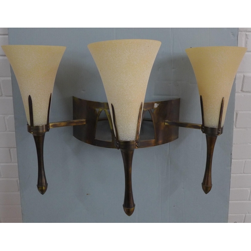 278 - A pair of Chelsom bronze patinated metal wall sconce with three glass shades (one shade damaged) 46 ... 