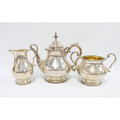 28 - Victorian silver gilt three part tea service, Edward & John Barnard, London 1863, with gadrooned rim... 