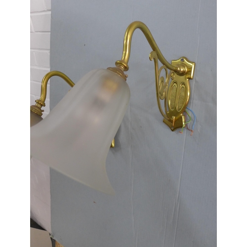 280 - A pair of Art Nouveau style brass wall lights with opaque glass shades (2)