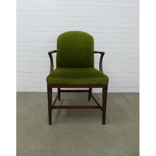 284 - 19th century mahogany Gainsborough style open armchair, green velvet upholstered back and seat, on t... 