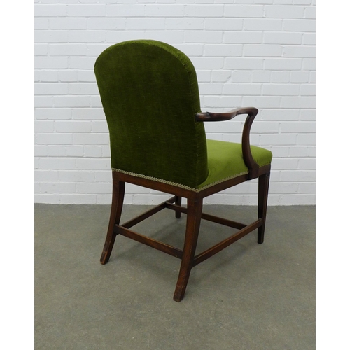 284 - 19th century mahogany Gainsborough style open armchair, green velvet upholstered back and seat, on t... 