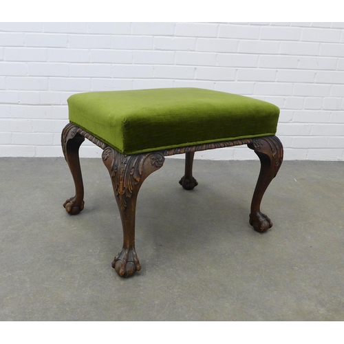 285 - Mahogany stool, green velvet top on acanthus carved cabriole legs with claw and ball fet, 46 x 62 x ... 