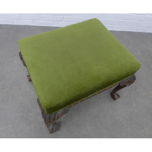 285 - Mahogany stool, green velvet top on acanthus carved cabriole legs with claw and ball fet, 46 x 62 x ... 