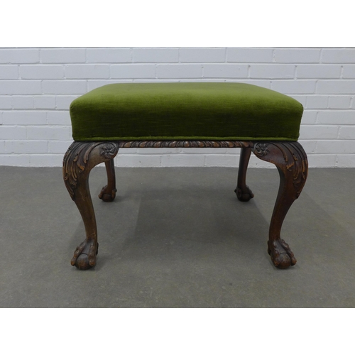 285 - Mahogany stool, green velvet top on acanthus carved cabriole legs with claw and ball fet, 46 x 62 x ... 