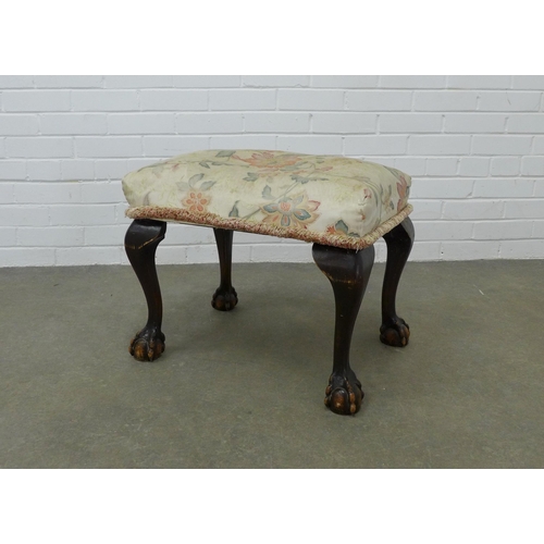 288 - 19th century mahogany stool, floral  top with cabriole legs and claw and ball feet