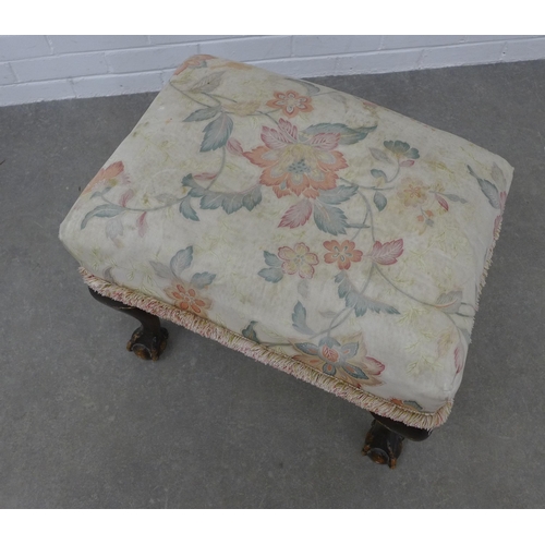 288 - 19th century mahogany stool, floral  top with cabriole legs and claw and ball feet