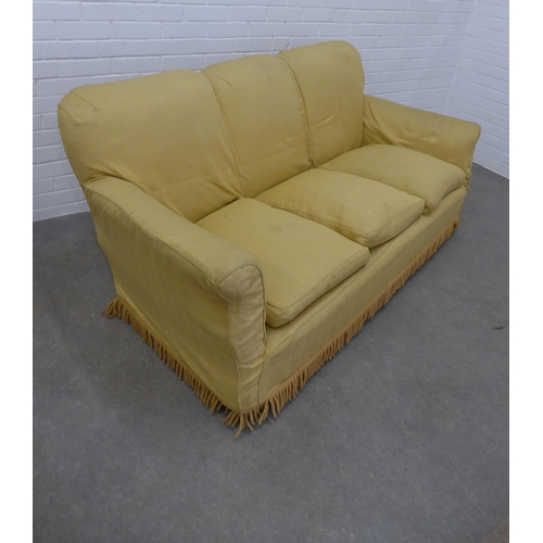 291 - Country House, Howard style  three seater sofa / settee with scroll arms and striped upholstery, wit... 