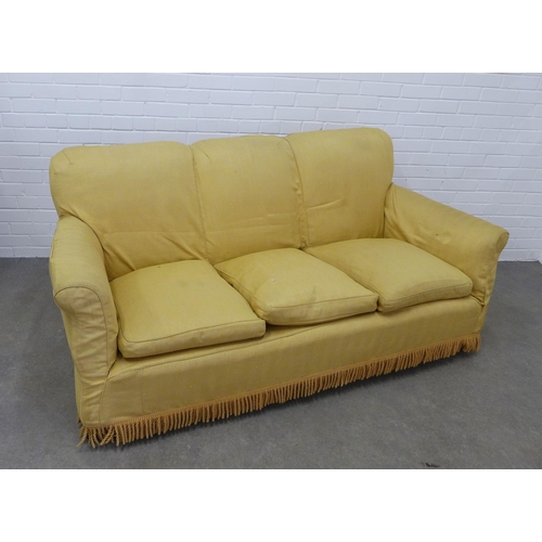 291 - Country House, Howard style  three seater sofa / settee with scroll arms and striped upholstery, wit... 