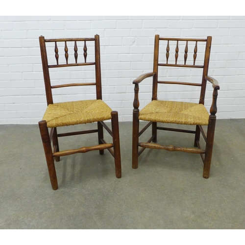 292 - Sussex style open armchair and a similar side chair, both with canework seats, (2) 88 x 54 x 41cm