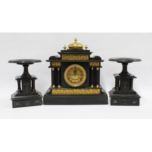 294 - Victorian black slate clock garniture , 39 x 38cm.