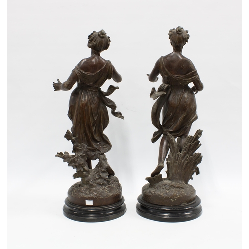 295 - Pair of spelter figures; Chant de la Vigne & Chant des Bles , (lute is loose a/f) 62cm. (2)