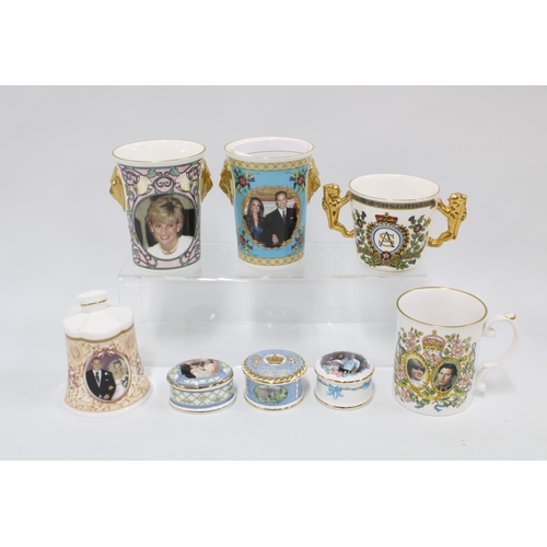 306 - A collection of Royal Commemorative porcelain tankards, loving cups and trinket jars with covers, (8... 