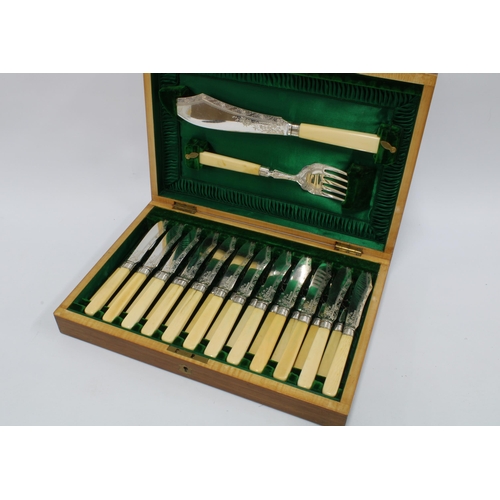 314 - Victorian mahogany canteen with silver plated fish servers and fish knives and forks, the flatware w... 