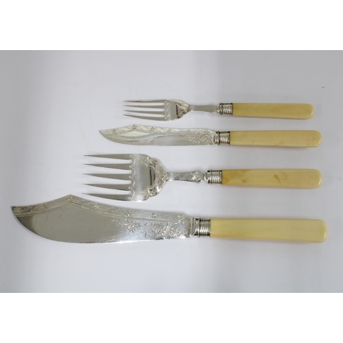 314 - Victorian mahogany canteen with silver plated fish servers and fish knives and forks, the flatware w... 