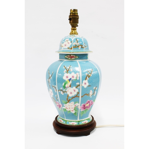 326 - Chinoiserie table lamp base, pale blue ground with blossom pattern, 39cm.