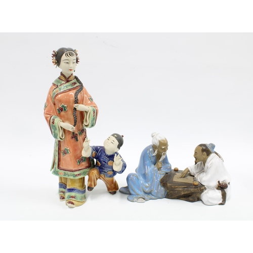 330 - Chinese Shiwan glazed figure group and another in polychrome enamels, (2) 29cm.