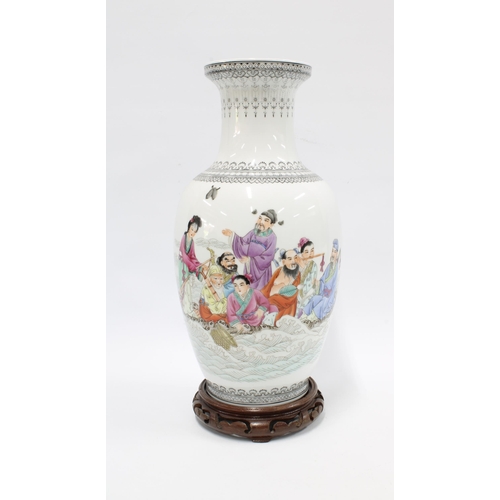 333 - Chinese Jingdezhen baluster vase with eight figures within black ruyi borders, red seal mark to base... 