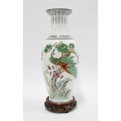 335 - Chinese Jingdezhen with peacock pattern, white ground and black ruyi borders, 32cm.