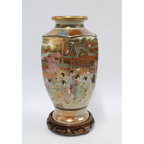 336 - Japanese earthenware Satsuma type vase typically painted with figures and mount fuji in the backgrou... 