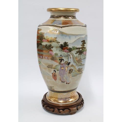 336 - Japanese earthenware Satsuma type vase typically painted with figures and mount fuji in the backgrou... 