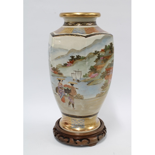 336 - Japanese earthenware Satsuma type vase typically painted with figures and mount fuji in the backgrou... 