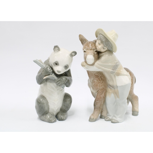 337 - Lladro figures ‘Platero and Marcelino’  and a Nao panda bear (bear a/f) (2) 21cm.