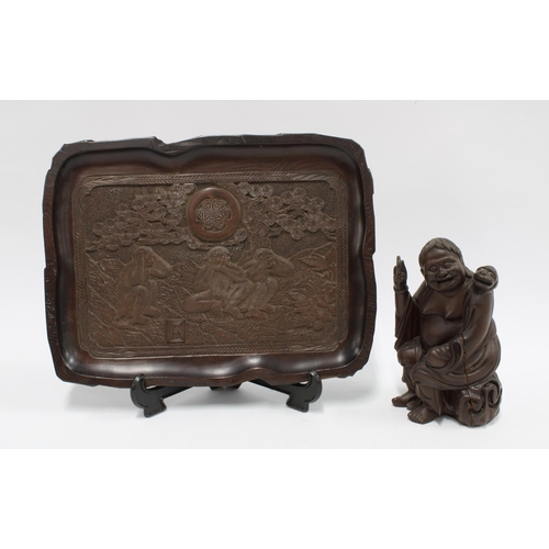 339 - 'Three Wise Monkeys' Japanese carved wooden panel together with a Buddha style figure (2) 22 x 28cm.