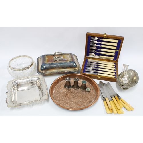 345 - Mixed lot to include an epns mounted glass bowl, cutlery canteen, copper tray, Epns wares etc, (a lo... 