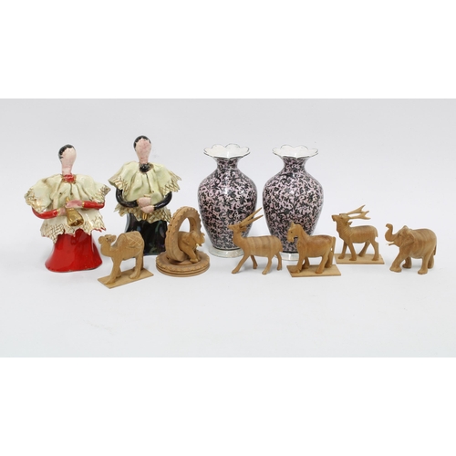 352 - Mixed lot to include a set of miniature carved wooden animals, a pair of Indian enamel vases and two... 