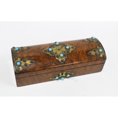 354 - Walnut box, brass mounted with turquoise cabochons, 11 x 29cm.