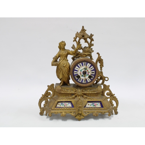 359 - 19th century French gilt metal clock with Sevres style panels, with a circular porcelain dial beside... 