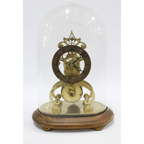 360 - Brass skeleton clock, fusee movement, chapter ring with roman numerals, on a wooden base with glass ... 