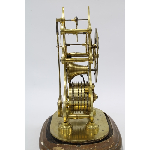 360 - Brass skeleton clock, fusee movement, chapter ring with roman numerals, on a wooden base with glass ... 