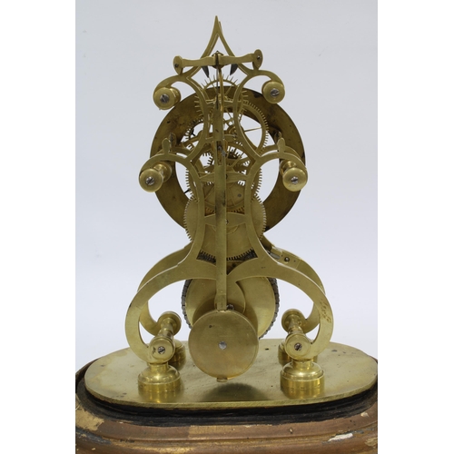 360 - Brass skeleton clock, fusee movement, chapter ring with roman numerals, on a wooden base with glass ... 