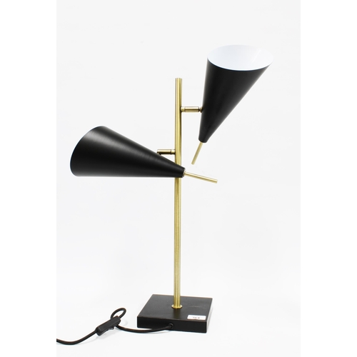 364 - Mid century style lamp with two light fittings and conical black shades, 61cm.