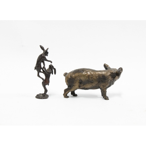 371 - Miniature bronze group of two hares, makers mark DM, 7cm high and a bronze pig, (2)