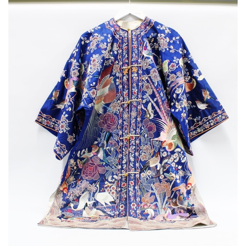 379 - Early 20th century Chinese blue silk jacket / coat, circa 1920's,  finely embroidered in coloured th...