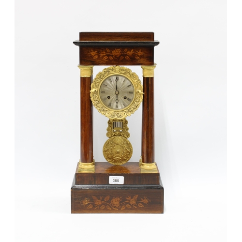 385 - Rosewood Portico clock with silvered dial and Roman numerals, the inlaid case with floral pattern, 4... 