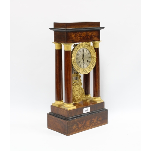 385 - Rosewood Portico clock with silvered dial and Roman numerals, the inlaid case with floral pattern, 4... 