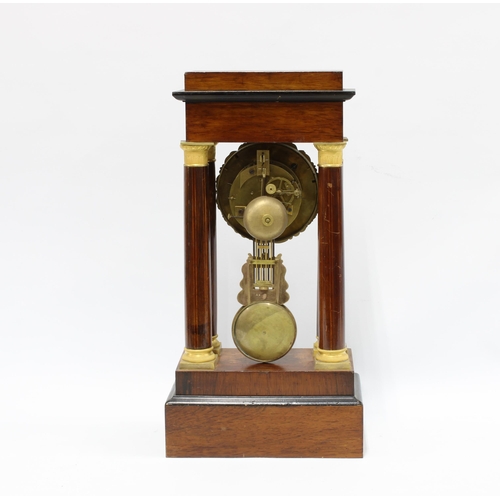 385 - Rosewood Portico clock with silvered dial and Roman numerals, the inlaid case with floral pattern, 4... 