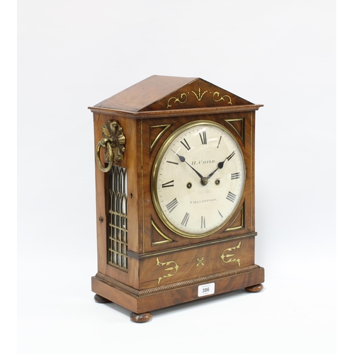 386 - Mahogany mantle clock, the circular dial inscribed H. Child, Chelmsford and with Roman numerals, wit... 