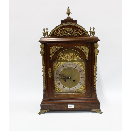 387 - Large mahogany mantle clock, ting-tang striking movement stamped M.B P and numbered 24571, with a si... 