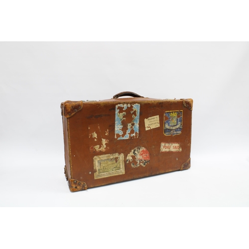 393 - Vintage brown leather Travel suitcase, 37 x 62cm.